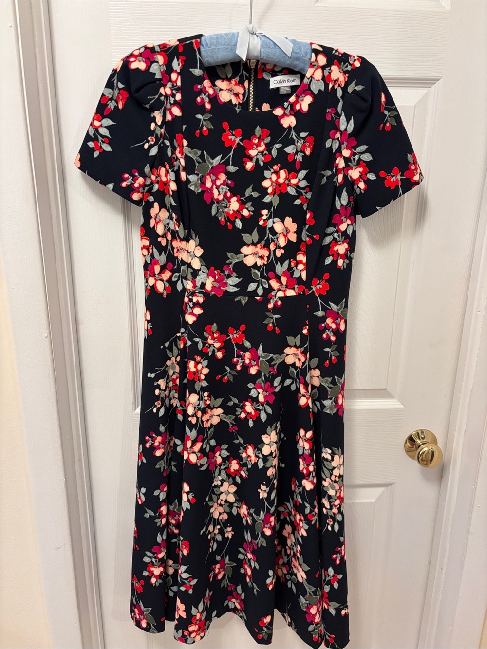 Calvin Klein Navy Floral Fit-and-Flare Dress with Pink & Red Blooms